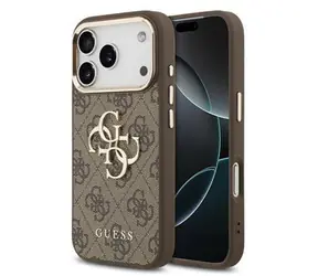 Guess PU-Leder 4G Metall Logo Goldrahmen Backcover für iPhone 17 Pro Max Braun