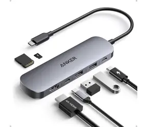 Anker Nano Dockingstation 7-in-1 / 100 W / 2x USB-C, 2x USB, 1x HDMI, SD-/microSD-Kartensteckplatz / Grau