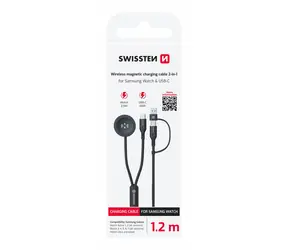 Swissten Kabelloses magnetisches Ladekabel 2-in-1 für Samsung Galaxy Watch + USB-C 1,2 m schwarz / 2,5 W / USB-A/USB-C