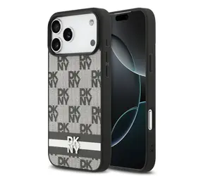 DKNY PU-Leder-Rückseite mit Karomuster und Streifen für iPhone 17 Pro Max, Schwarz