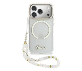 Guess IML Glitter Script Strap MagSafe Rückseite für iPhone 17 Pro Max Transparent