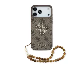 Guess PU 4G Metall Logo -Schutzhülle mit Riemen für iPhone 17 Pro Max, Braun