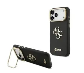 Guess PU-Rückseite mit genarbter Oberfläche, 4G- Logo , Standfunktion und Kamerarahmen für iPhone 17 Pro Max, Schwarz