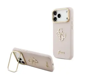 Guess PU-Rückseite mit genarbter Oberfläche, 4G- Logo , Standfunktion und Kamerarahmen für iPhone 17 Pro Max, Pink