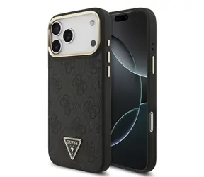 Guess PU-Leder 4G Strass-Dreieck Logo Goldrahmen MagSafe Rückseite für iPhone 17 Pro Max Schwarz
