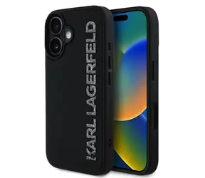 Karl Lagerfeld 3D-Glitzer Logo Rückseite aus Gummi für iPhone 16, Schwarz