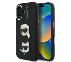 Karl Lagerfeld Rückseite aus genarbtem PU mit K&CH-Kopfmotiven für iPhone 16, Schwarz