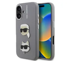 Karl Lagerfeld Rückseite aus genarbtem PU mit K&CH-Kopfmotiven für iPhone 16, Grau