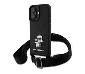 Karl Lagerfeld Saffiano Crossbody-Riemen aus Metall, Karl und Choupette Rückseite für iPhone 16 Schwarz