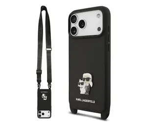 Karl Lagerfeld Saffiano Crossbody-Riemen aus Metall, Karl und Choupette Rückseite für iPhone 17 Pro Max, Schwarz