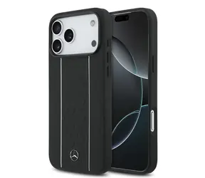 Mercedes Leder-Rückseite mit Sternenmuster und Streifen, MagSafe-Design für iPhone 17 Pro Max, Schwarz/Weiß
