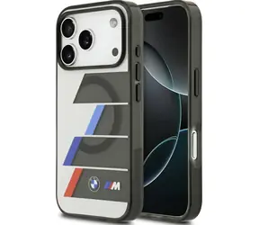 BMW Rückseite mit Metallknöpfen, dreifarbigen Linien und MagSafe-Funktion für iPhone 17 Pro Max, grau