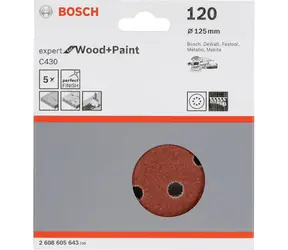 BOSCH Expert C430 2608605643 / Exzenterschleiferscheibe / Körnung 120 / 125mm / 8 Löcher / Klettverschluss / 5Stk