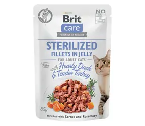Brit Care Cat sterilisiert. Filets in Gelee mit herzhafter Ente und zartem Truthahn, 85 g / Beutel für Katzen