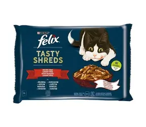 PURINA Felix Tasty Shreds mit Rind und Huhn 4X 80g / Beutel für Katzen / Rind & Huhn