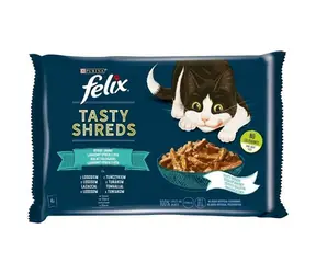 PURINA Felix Tasty Shreds mit Lachs & Thunfisch 4X 80g / Beutel für Katzen / Thunfisch mit Lachs