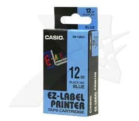 Original Casio Etikettendruckerband Casio XR-12BU1 / schwarzer Druck / blauer Hintergrund / unlaminiert / 8 m / 12 mm