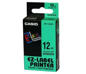 Original Casio Etikettendruckerband Casio XR-12GN1 / schwarzer Druck / grüner Hintergrund / unlaminiert / 8 m / 12 mm