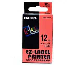 Original Casio Etikettendruckerband Casio XR-12RD1 / schwarzer Druck / roter Hintergrund / unlaminiert / 8 m / 12 mm