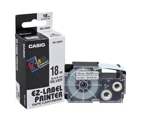 Casio Original-Etikettendruckerband Casio XR-18SR1 / schwarzer Druck / silberner Hintergrund / 18 mm