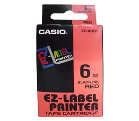 Original Casio Etikettendruckerband Casio XR-6RD1 / schwarzer Druck / roter Hintergrund / unlaminiert / 8 m / 6 mm