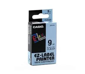 Original Casio Etikettendruckerband Casio XR-9X1 / schwarzer Druck / transparente Basis / unlaminiert / 8 m / 9 mm