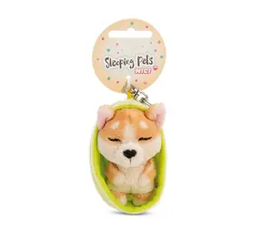 Nici GREEN Schlüsselanhänger schlafender Welsh Corgi + hellgrüner Korb 12 cm