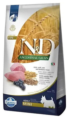 Farmina N&D Ancestral Grain Hundefutter Lamm Adult Mini 2,5 kg / Granulat für Hunde / ausgewachsene kleine Rassen / Lamm
