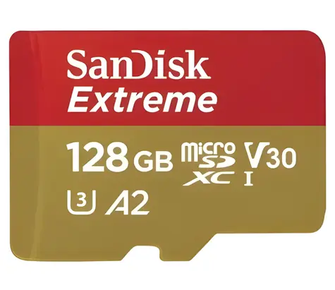 SanDisk Extreme microSDXC 128 GB / microSD-Karte / UHS-I U3 V30 / A2 / Lesen: 190 MB/s / Schreiben: 90 MB/s / geeignet für 4K
