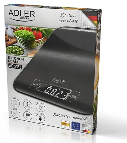 Adler AD 3183b schwarz / Küchenwaage / Genauigkeit 1 g / Maximal 5 kg / kg & g & lb & oz / 2 x CR2032