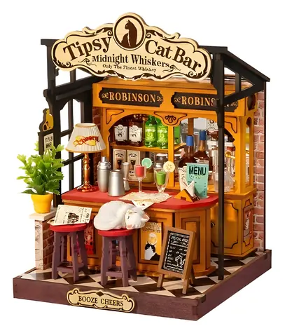 Robotime Miniatur-Tipsy-Cat-Bar / 3D-Holzpuzzle / 136 Teile / ab 14 Jahren