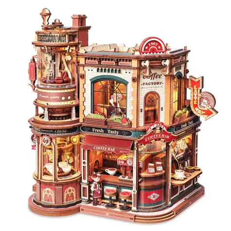 Robotime 3D-Holzpuzzle Kaffeefabrik / Spielbox / 593 Teile / ab 14 Jahren / LED-Beleuchtung / USB-C
