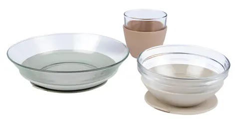 Beaba Glas-Essgruppe mit Saugnäpfen, Natur / Kinder-Essgruppe / Gehärtetes Glas / 3-teilig / Ab 4 Monaten