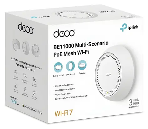 TP-LINK Deco BE65-PoE (3er-Pack) / Wi-Fi 7 System MESH BE9300 / Tri-Band / 2,4 GHz 688 Mbit/s / 5 GHz 2882 Mbit/s