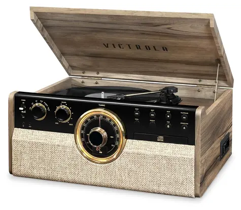 Victrola VTA-270B hellbraun / Plattenspieler mit Radio, CD- und MC-Laufwerk / 33, 45 und 78 U/min / FM / Bluetooth / RCA / Lautsprecher