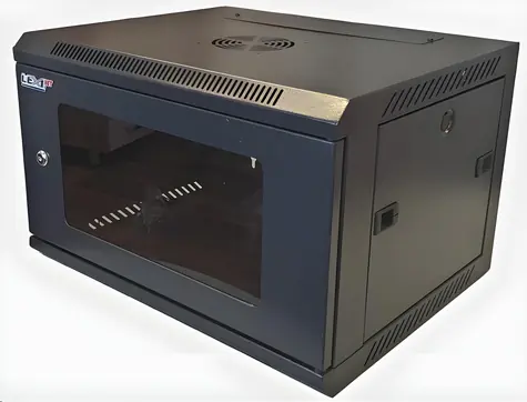 Lexi-net 19"-Wandrack 9 HE 600 x 450 mm schwarz / Tragfähigkeit 60 kg / Glastür / ausgeklappt