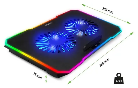 Evolveo CoolPro schwarz / Kühlpad für Laptops bis 17 Zoll / 2 × 125-mm-Lüfter / RGB-Hintergrundbeleuchtung