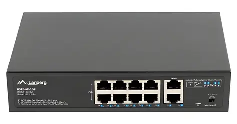 Lanberg RSFE-8P-2GE-120 / Switch / 8x PoE+ / 2x Gigabit / 120 W / Unmanaged / 10"/19" Rack