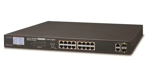 Planet FGSW-1822VHP PoE-Switch / 16x 10/100 Mbit/s / 2x Gigabit TP/SFP / IEEE 802.3at / 300 W / VLAN / LCD