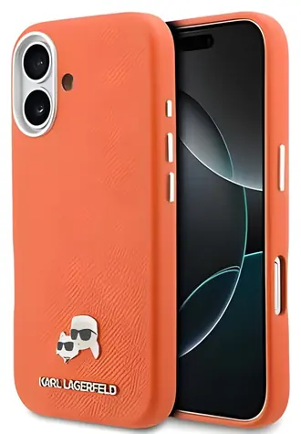 Karl Lagerfeld PU Karl und Choupette Köpfe Pins orange / Rückseite / MagSafe / iPhone 17