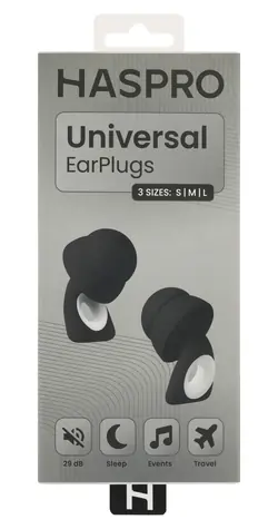 Haspro Universal Ohrstöpsel schwarz / Silikon / SNR 29 dB / austauschbare Ohrstöpsel S, M, L