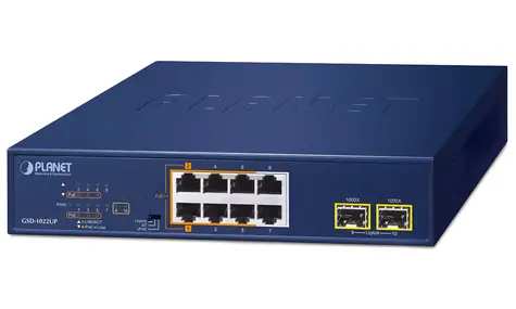 Planet GSD-1022UP / PoE-Switch / 8x Gigabit / 2x SFP / PoE+/PoE++ / unmanaged