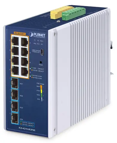 Planet IGS-4215 / Industrie-Switch / L2/L4 Managed / 8x Gigabit RJ-45 / 4X SFP / PoE++ / IP30