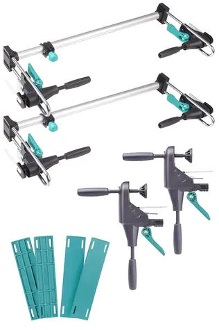 Wolfcraft PRO Türrahmen-Montageset / Montageset / 2 Klemmen / 4 Abstandshalter / 600-1000 mm