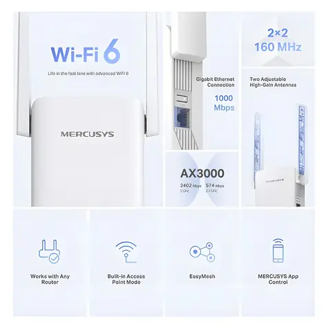 Mercusys ME80X AX1800 / Wi-Fi-Extender / Wi-Fi 6 / Dual-Band / 1x LAN / WPS
