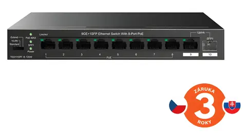 Tenda TEG1110PF-8-120W / Switch / 8x Gigabit PoE+ / RJ45 + SFP Uplink / 120W PoE Budget / Lüfterlos / Desktop