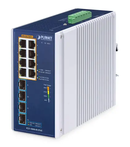 Planet IGS-1000-8UP4X / Industrieller Switch / Unmanaged / 8x Gigabit PoE+ / 4X SFP / IP30