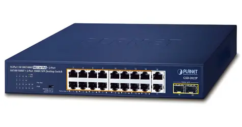 Planet PoE-Switch, 16- Port GE 802.3at / Unmanaged / 2x GE + 2x SFP Uplink / 185 W / 19"-Rack