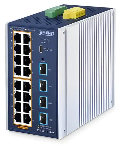 Planet IGS-4215-16P4X / Industrie-Switch / 16x Gigabit RJ-45 PoE 802.3at / 4X 10G SFP+ / L2+ / IP30