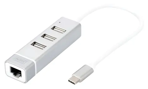 Digitus USB-C Hub / USB-Hub / 3 USB-Anschlüsse / Fast-Ethernet-LAN-Adapter
